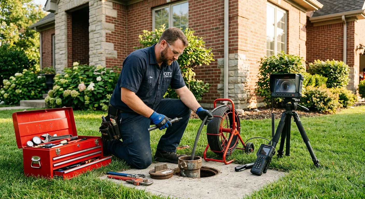 Sewer specialist with camera equipment servicing a cleanout in Northfield